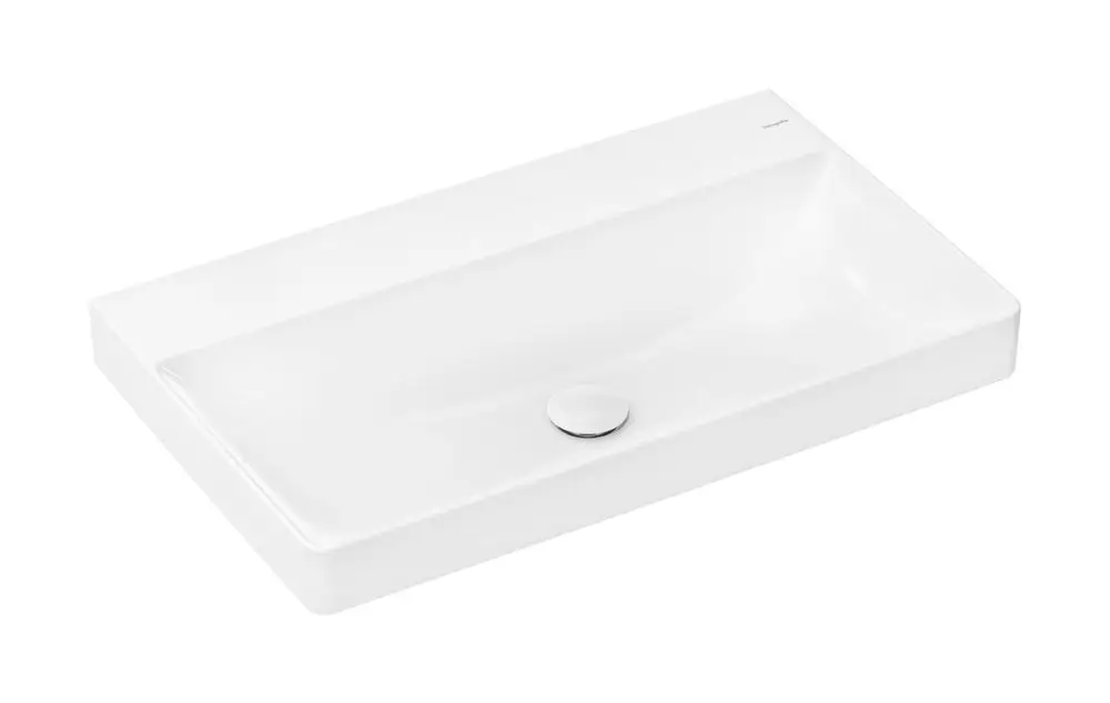 Weißer, rechteckiger Waschtisch von Hansgrohe ohne Hahnloch und Überlauf, glatte Oberfläche, geeignet für moderne Badezimmergestaltungen.